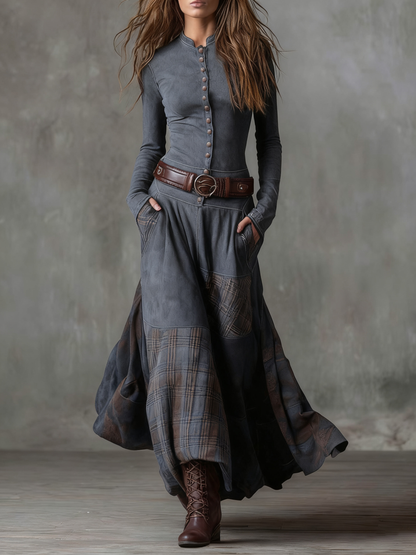 Vestido longo vintage de camurça azul-marinho com painéis xadrez (com cinto)
