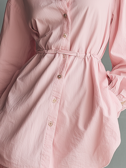 Vestido corto casual rosa para mujer con escote de cuello y mangas abullonadas