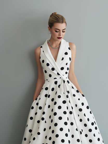 Vestido midi feminino elegante, preto e branco, de tecido tramado, com gola e sem mangas, estampado de poás