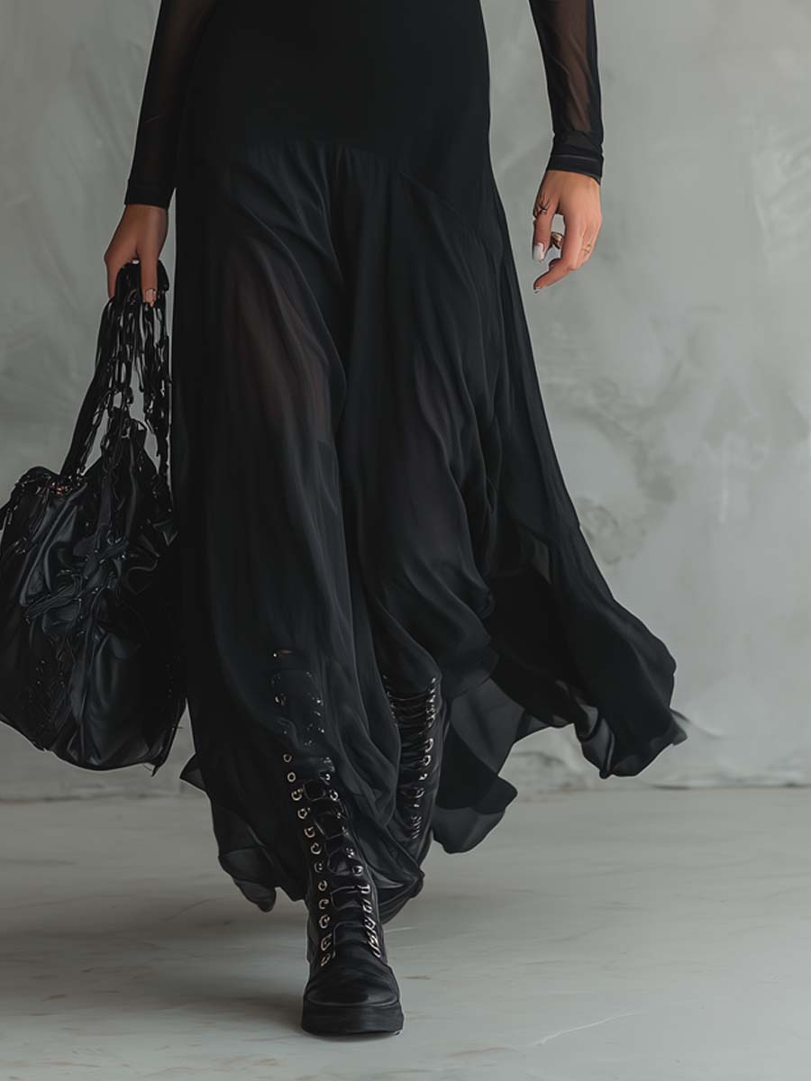 Retro maxi-kjole med transparente ærmer