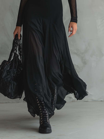 Retro maxi-kjole med transparente ærmer