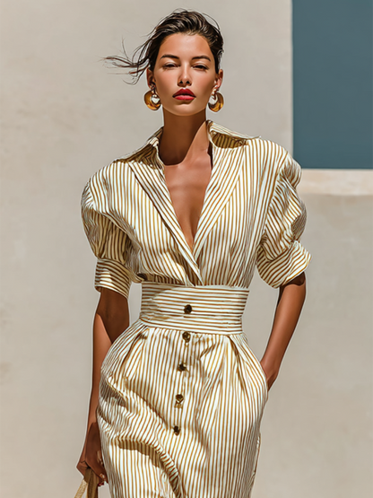 Women's Striped Lapel Short Sleeve Waist Midi Dress
