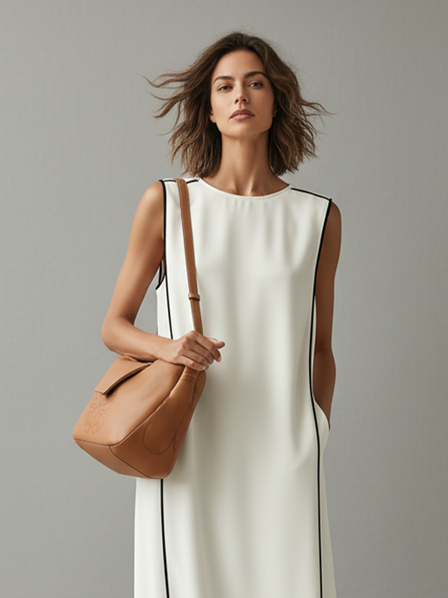 Weißes Damenkleid aus Baumwolle mit kontrastierenden Paspeln und Seitentaschen, zeitloser, minimalistischer und eleganter Stil