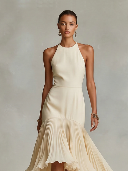Women's Ivory Crepe Dress With Halter Neck & Pleated Ruffle Hem, Timeless Elegant-Glam Style Dress