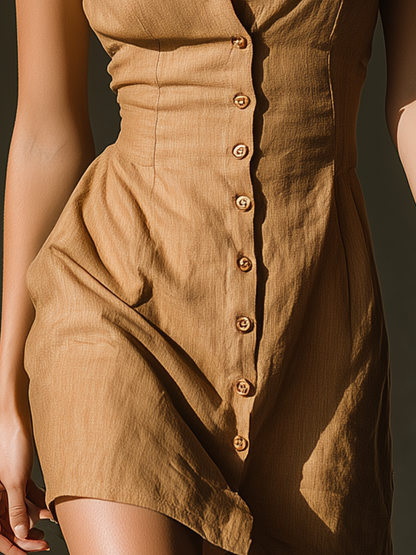 Minivestido camisero de lino color camel para mujer, sin mangas y con tapeta de botones