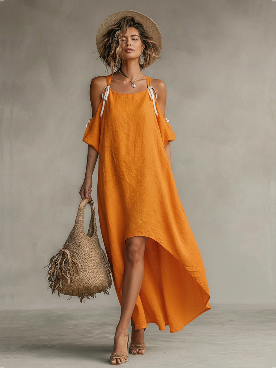 Vestido feminino de linho tangerina com ombros vazados e barra mullet, estilo boho resort atemporal