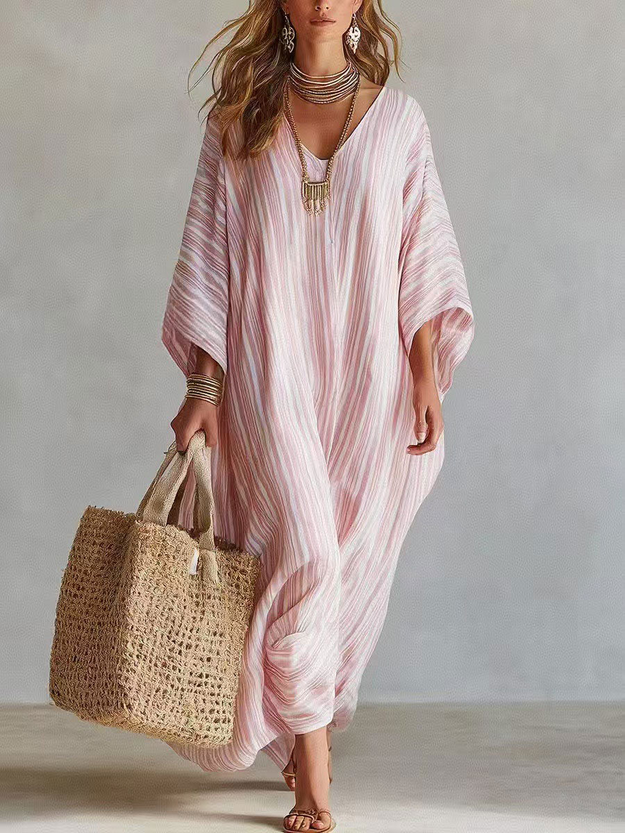 Vestido Midi Listrado Feminino com Decote V e Mangas 3/4