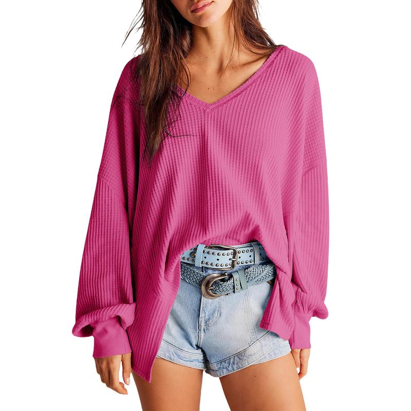 NORA™ - Blusa de punto waffle para mujer con cuello en V, manga farol y corte oversize