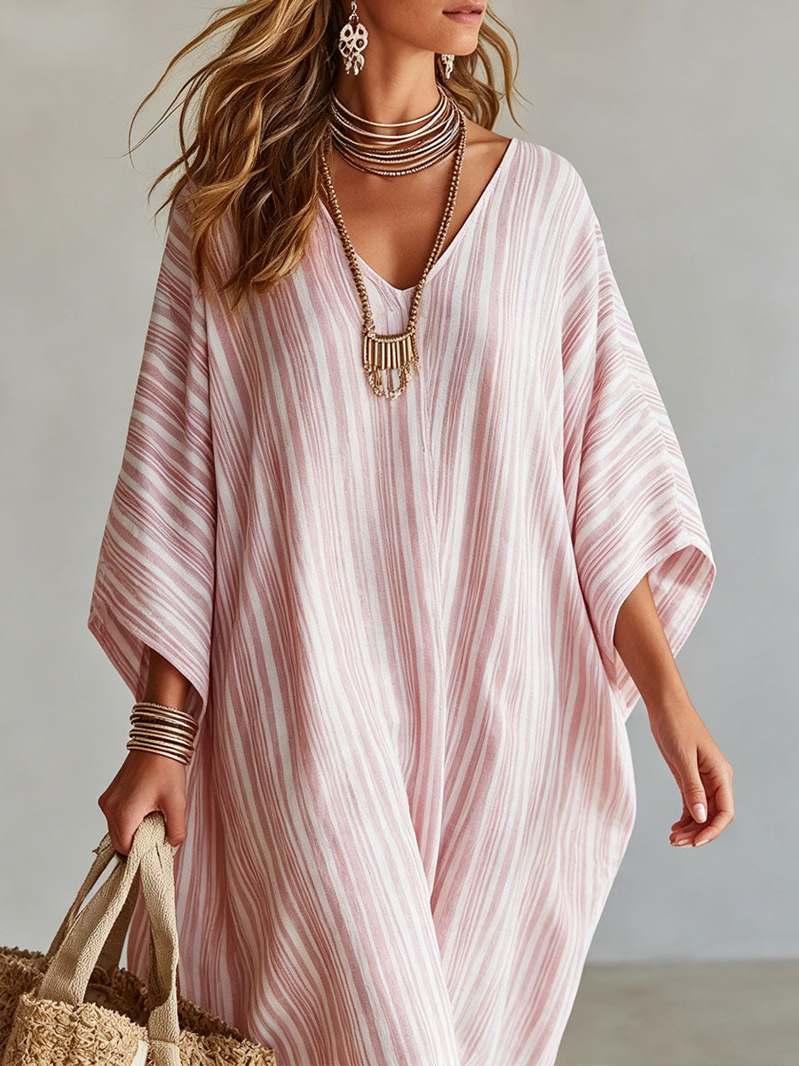 Vestido Midi Listrado Feminino com Decote V e Mangas 3/4