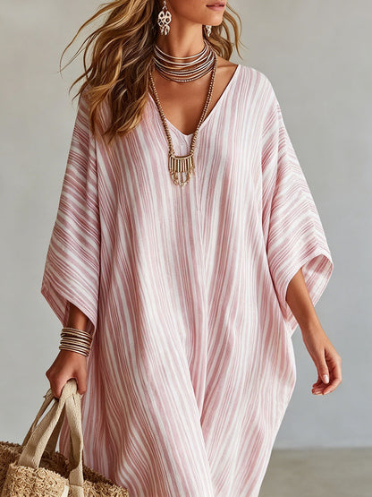 Vestido Midi Listrado Feminino com Decote V e Mangas 3/4