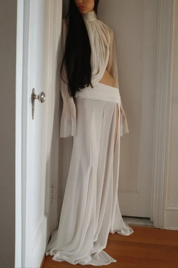 Lucia - Draped High-Neck Top and Slit Maxi Skirt Set