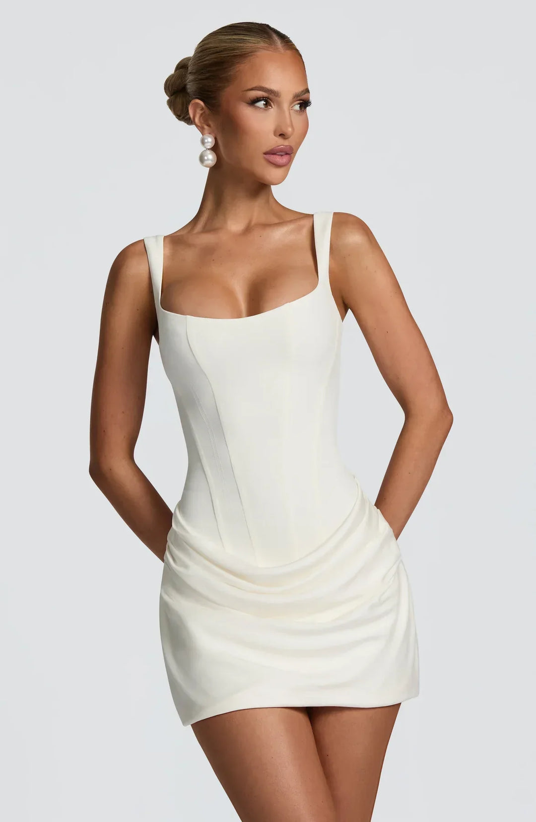 Mini Ruched Dress with Square Neckline and Wide Straps