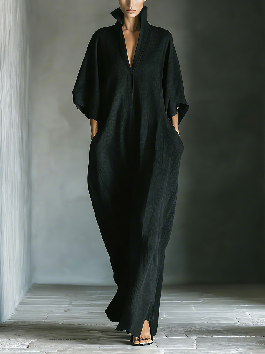 Vestido maxi feminino preto, de tecido misto de algodão, com mangas estilo quimono oversized e bolsos