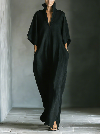Vestido maxi feminino preto, de tecido misto de algodão, com mangas estilo quimono oversized e bolsos