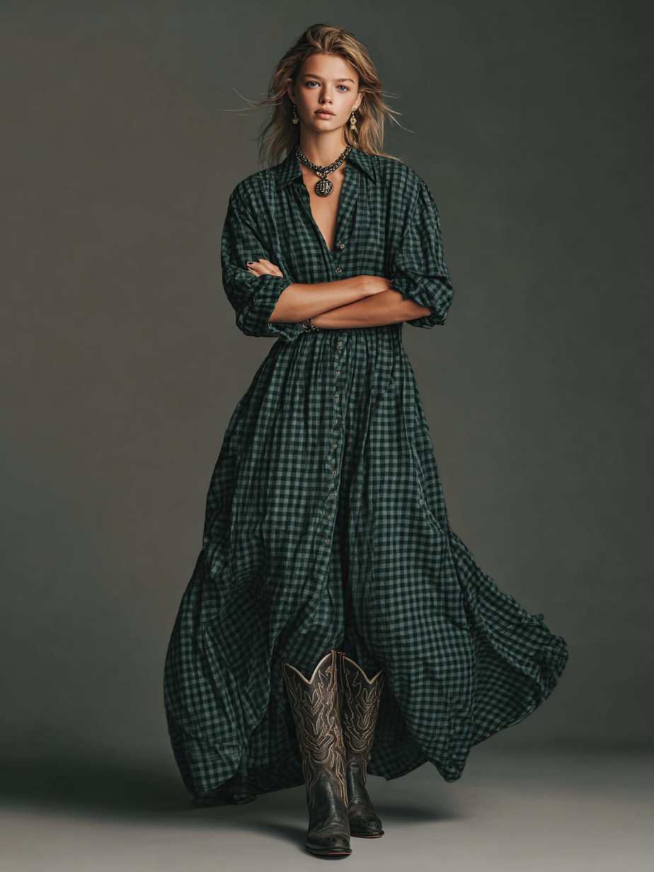 Vestido maxi feminino xadrez com mangas longas