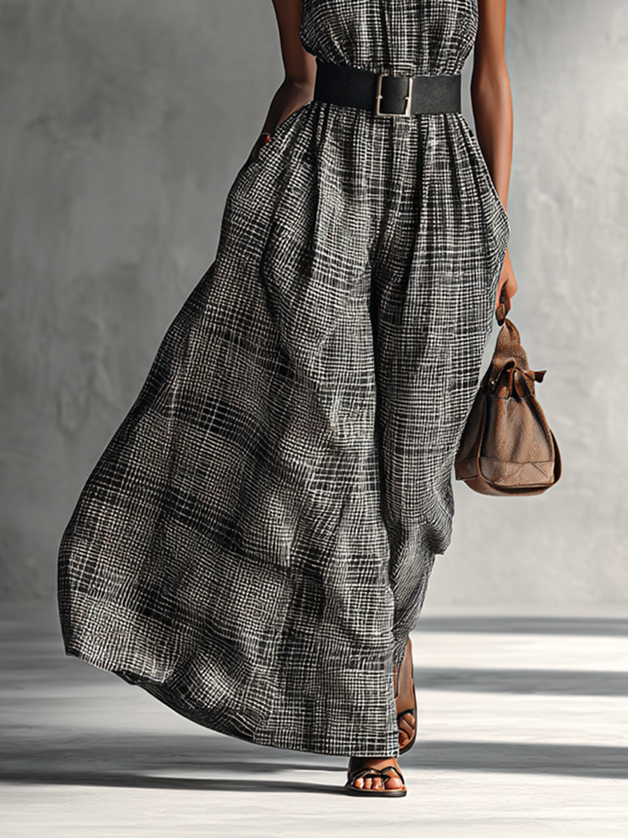 Damen-Maxikleid mit Karomuster, Stehkragen, ärmellos und Gürtel