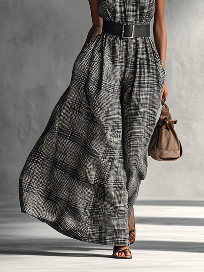 Damen-Maxikleid mit Karomuster, Stehkragen, ärmellos und Gürtel