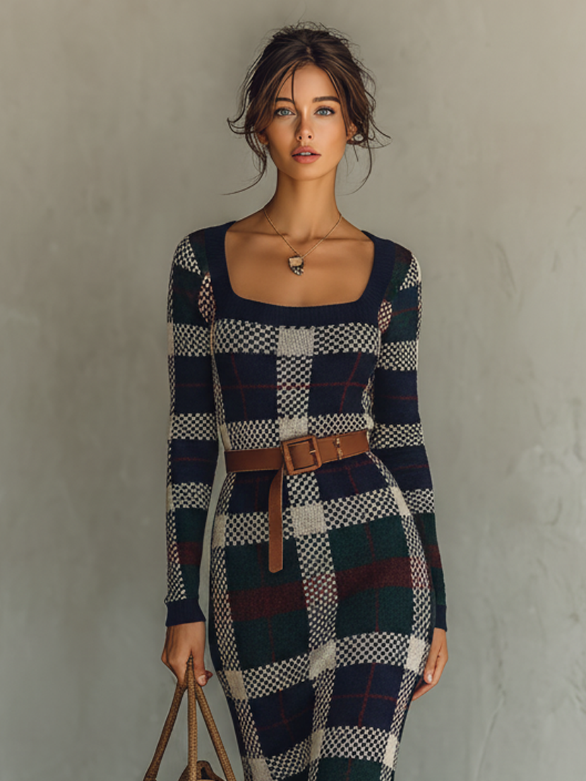 Vestido feminino minimalista longo de tricô xadrez, com cinto e decote quadrado