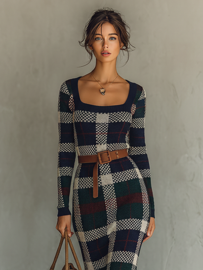 Vestido feminino minimalista longo de tricô xadrez, com cinto e decote quadrado