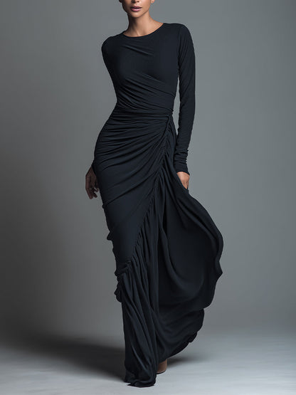 Vestido largo elegante negro de punto de jersey para mujer con fruncido
