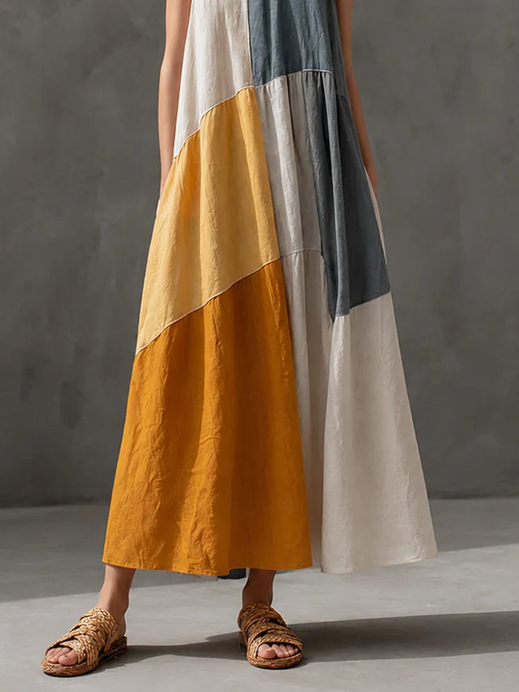 Soleil | Patchwork Cotton-Linen Sleeveless Maxi Dress