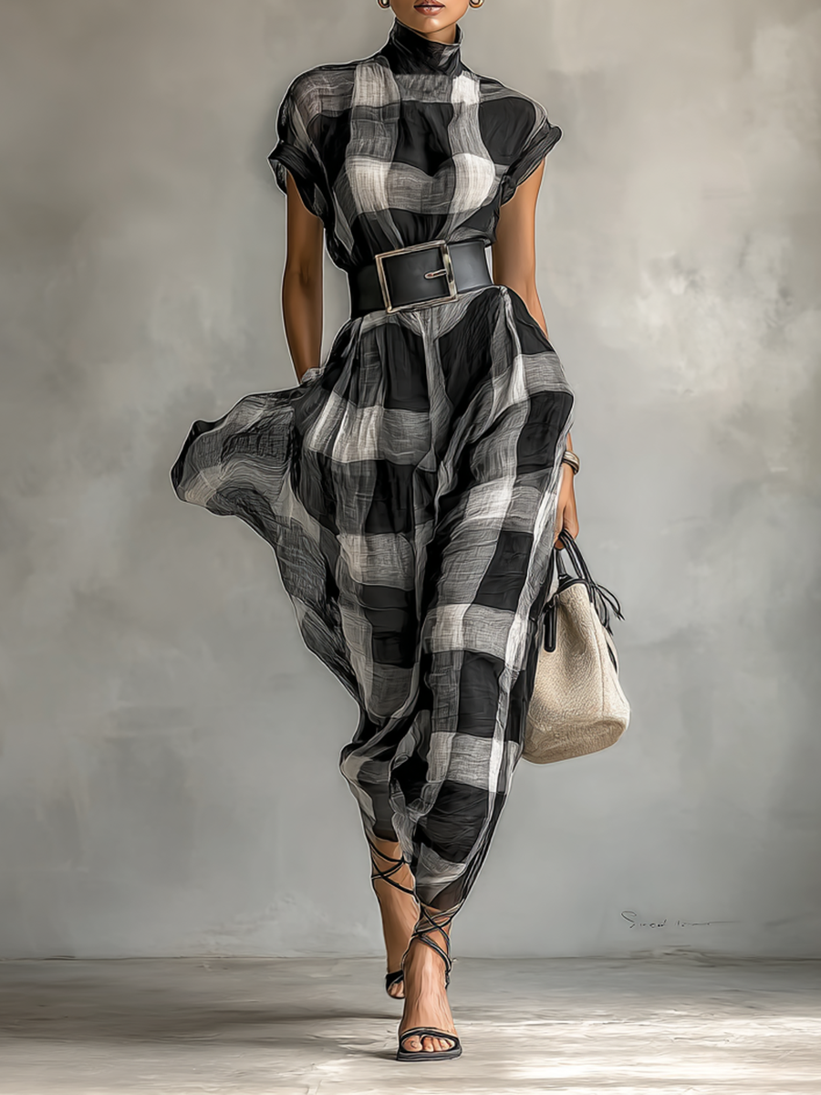 Vestido longo feminino xadrez de mistura de algodão, com gola alta, mangas curtas e cinto