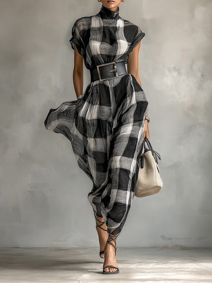 Vestido longo feminino xadrez de mistura de algodão, com gola alta, mangas curtas e cinto