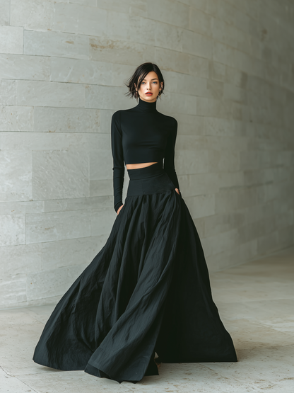 Women's Fashionable And Elegant Black Fitted Turtleneck Long-sleeved Cropped Top Paired With A Black Long Skirt