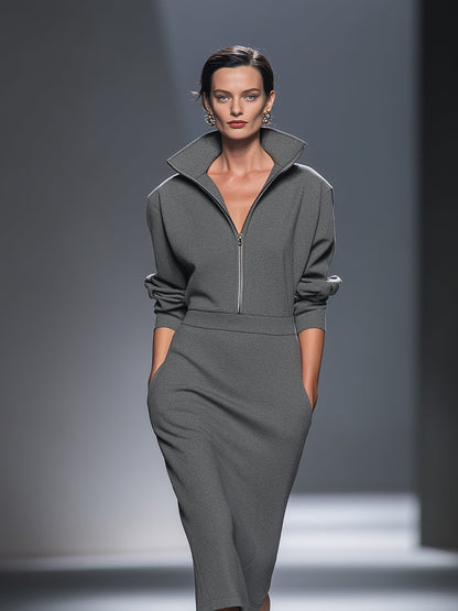 Vestido midi casual feminino de algodão e poliéster com meio zíper