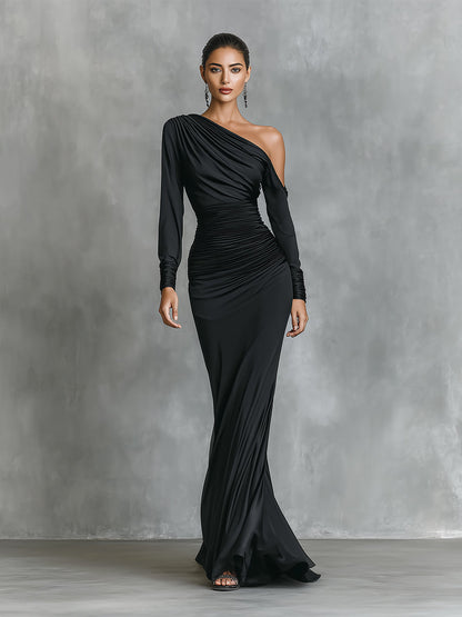 Vestido longo sereia feminino preto elegante de cetim com um ombro só e franzido