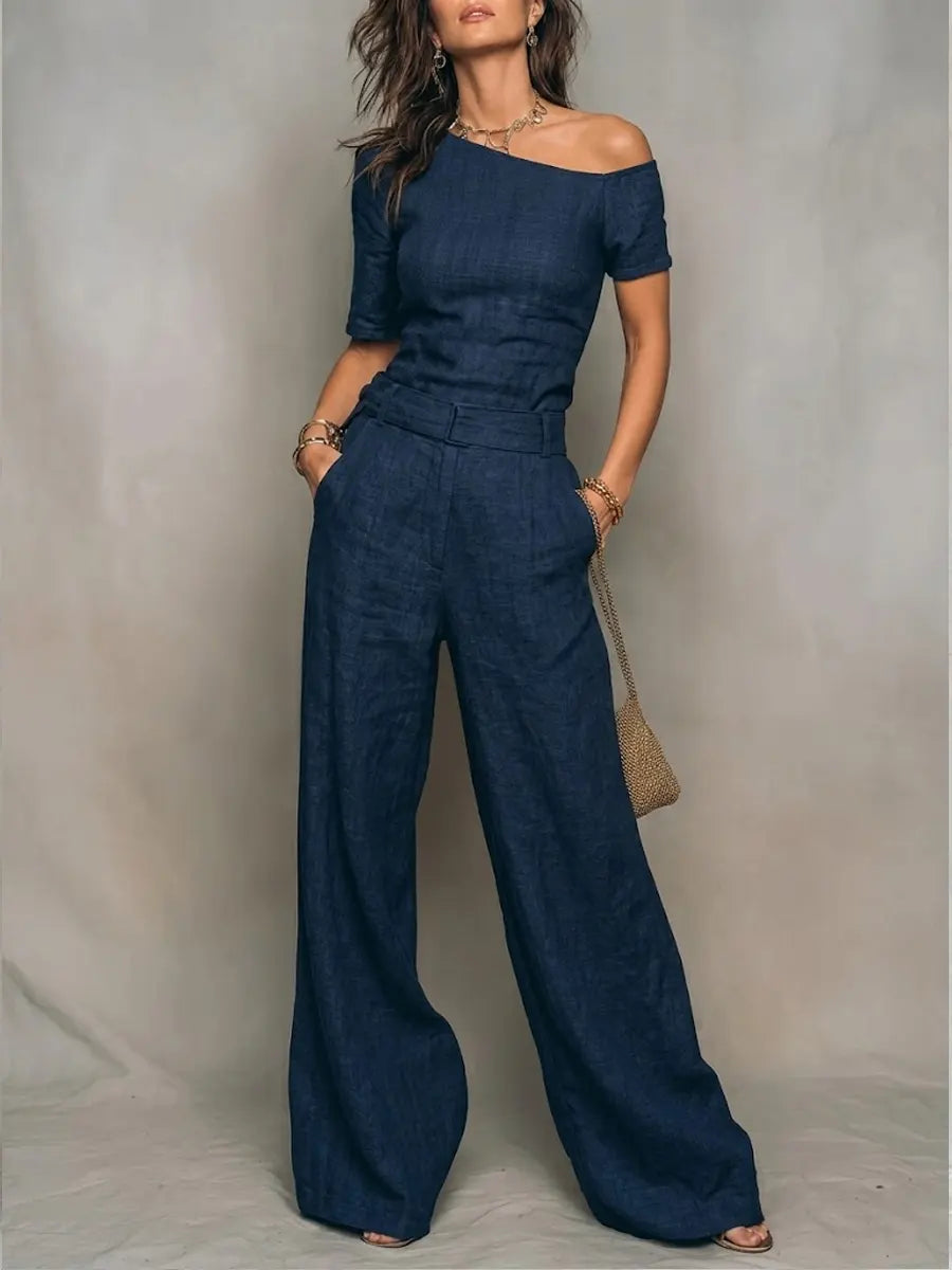 Solene | Leinen-Ein-Schulter-Jumpsuit mit weitem Bein