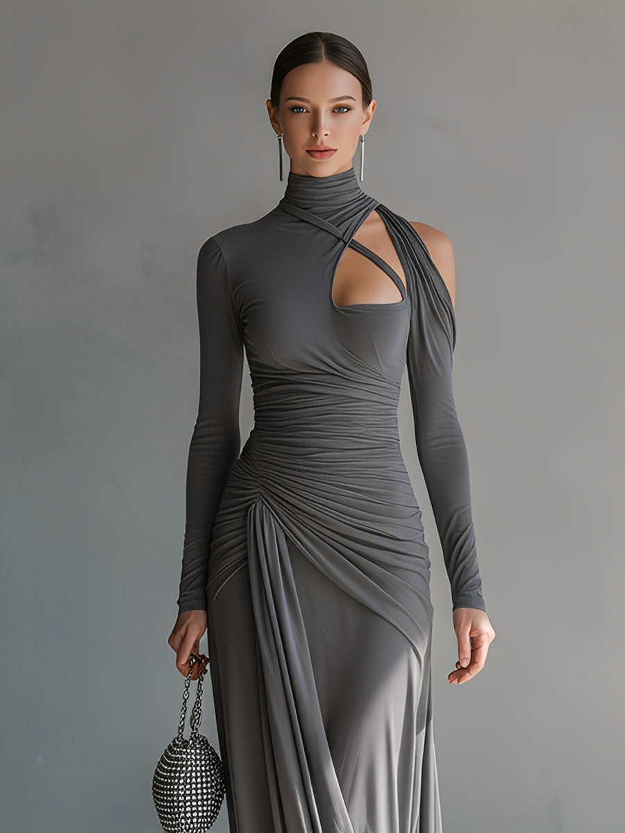 Women's Grey Silky Stretch Sophisticated Ruched Detail Cut-Out Maxi Dress
