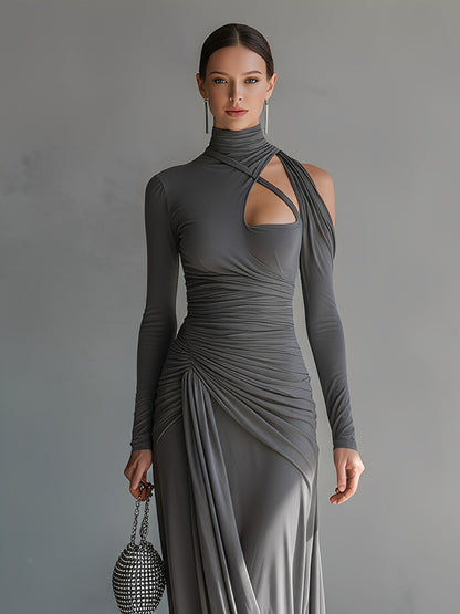 Women's Grey Silky Stretch Sophisticated Ruched Detail Cut-Out Maxi Dress