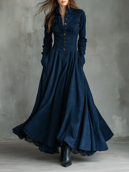 Vestido longo gótico azul-marinho em camurça sintética com renda