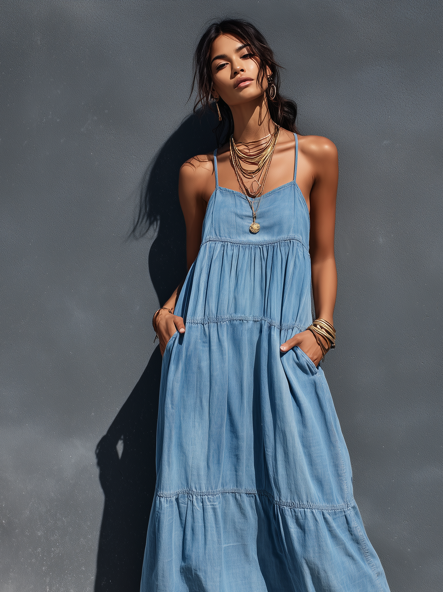 Women's Casual Blue Stretch Denim Loose-fitting Suspender Maxi Dress