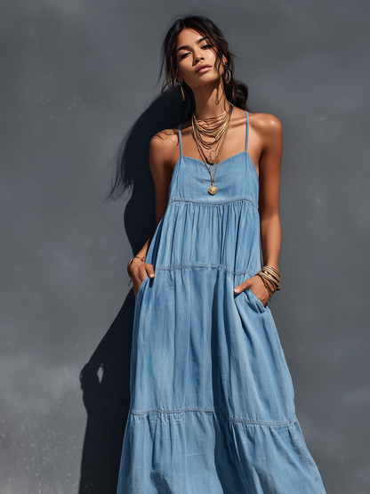 Women's Casual Blue Stretch Denim Loose-fitting Suspender Maxi Dress