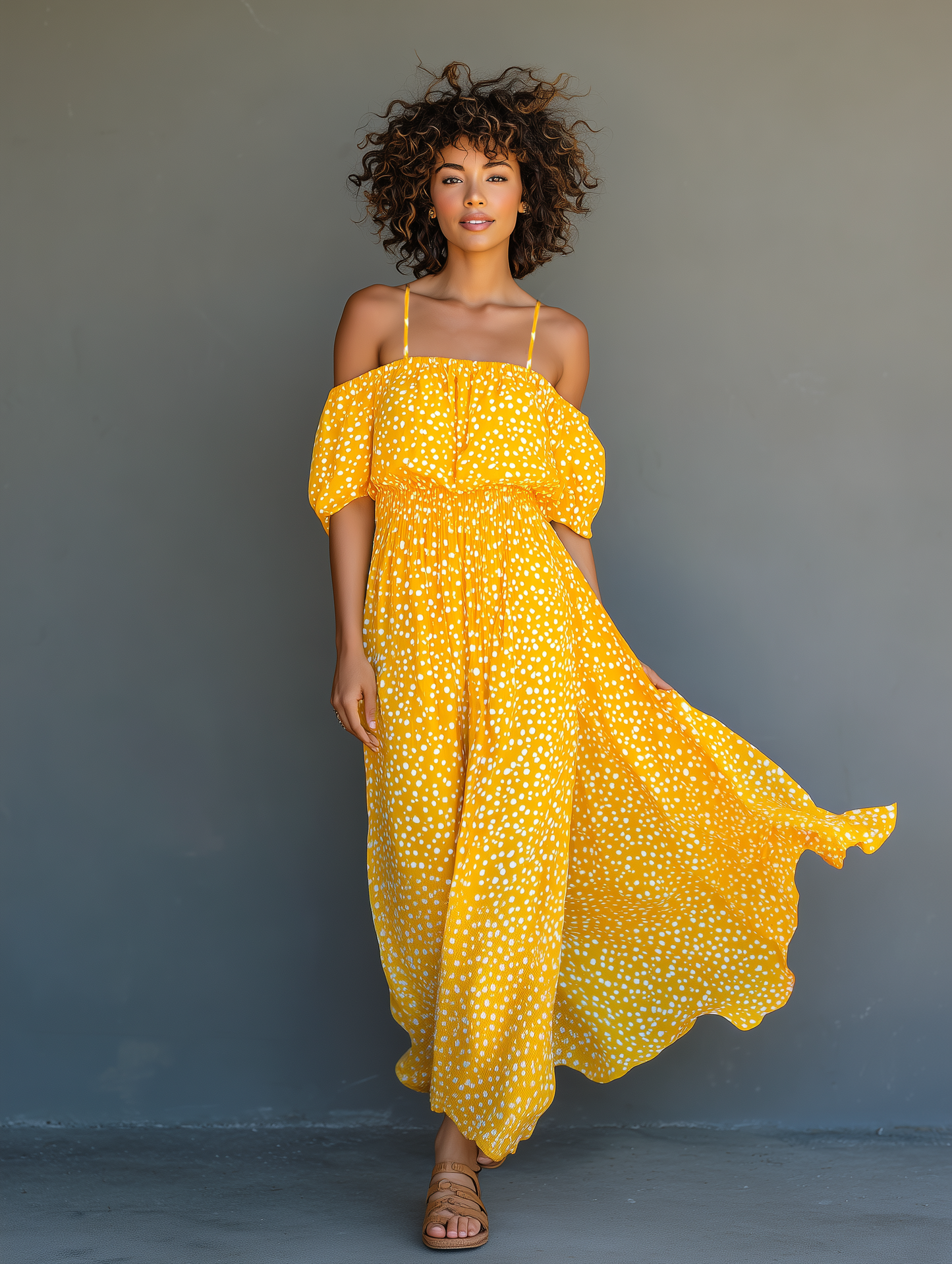 Women's Casual Yellow Chiffon Suspender Short-sleeved Long Dress