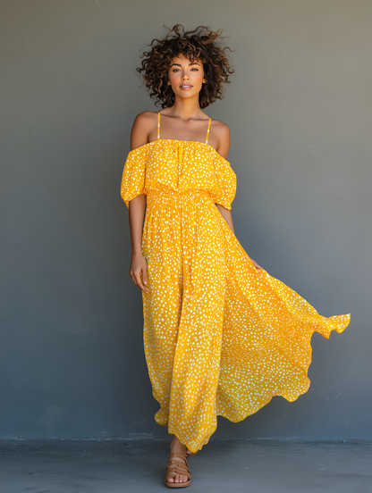 Women's Casual Yellow Chiffon Suspender Short-sleeved Long Dress
