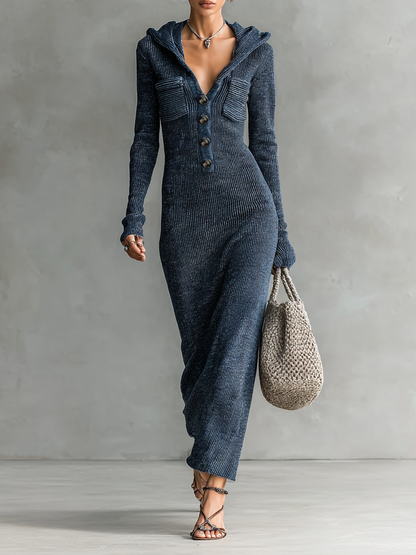 Vestido longo de tricô feminino com capuz e corte ajustado MDA1451H6Y