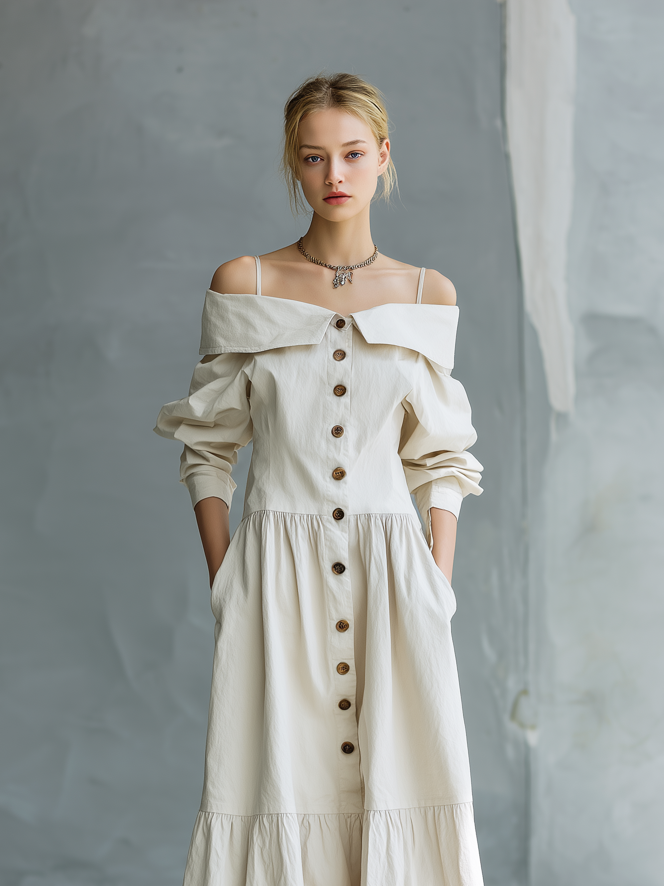 Vestido camisola blanco elegante para mujer, tejido, con diseño de hombros descubiertos y mangas largas holgadas