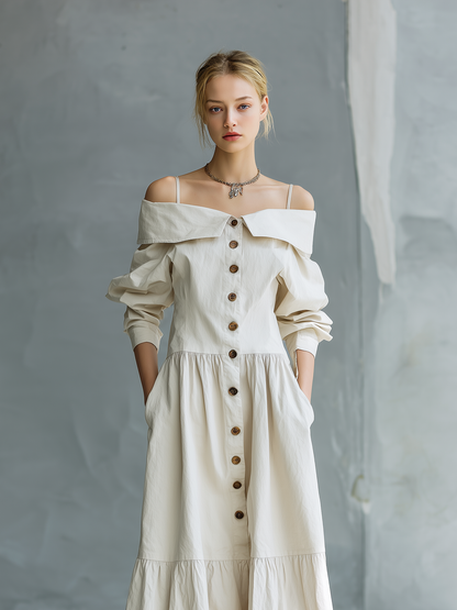 Vestido camisola blanco elegante para mujer, tejido, con diseño de hombros descubiertos y mangas largas holgadas