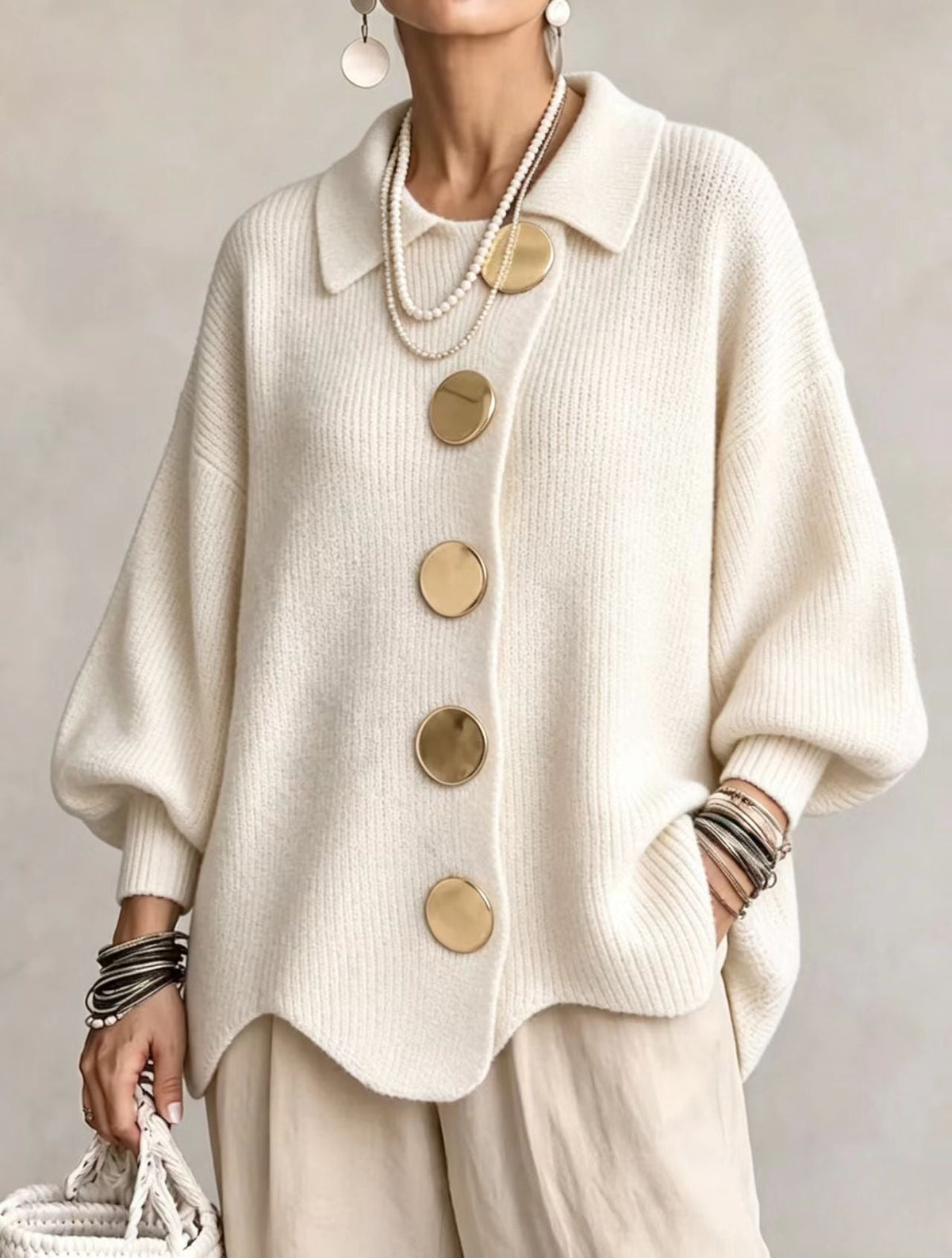 Button-Down Lapel Cardigan - Women's Fall Winter Sweater