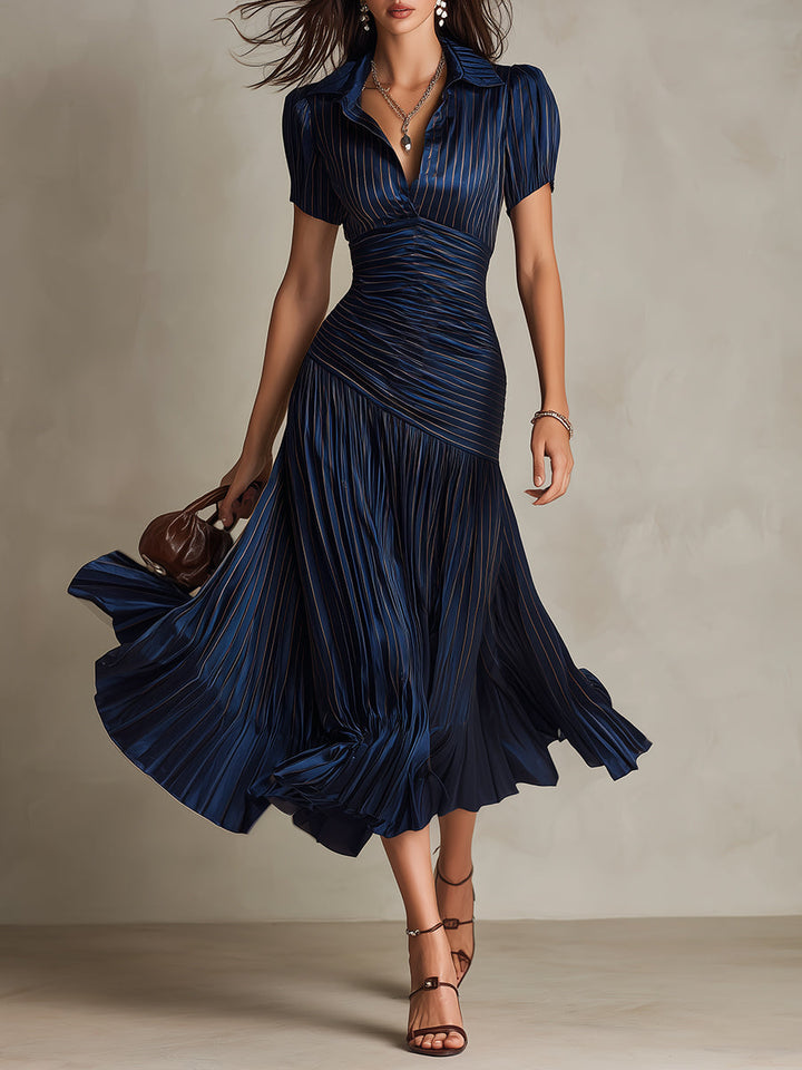 Retro stribet satin plisseret bodycon midi-kjole