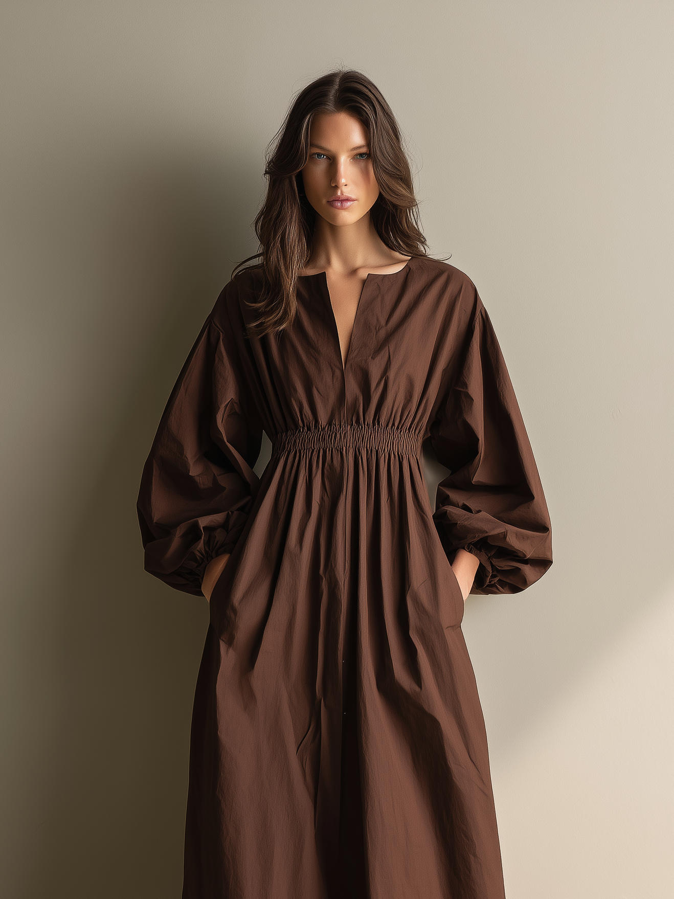Women's Casual Brown Cotton And Linen V-neck Long-sleeved Maxi Dress With Elastic Waist