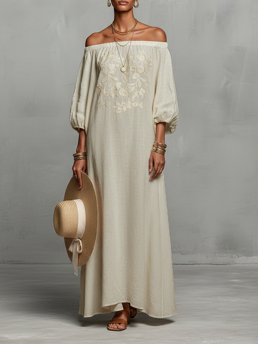 Women's Minimalist Off-the-shoulder Three-quarter Sleeve Embroidered Maxi Dress