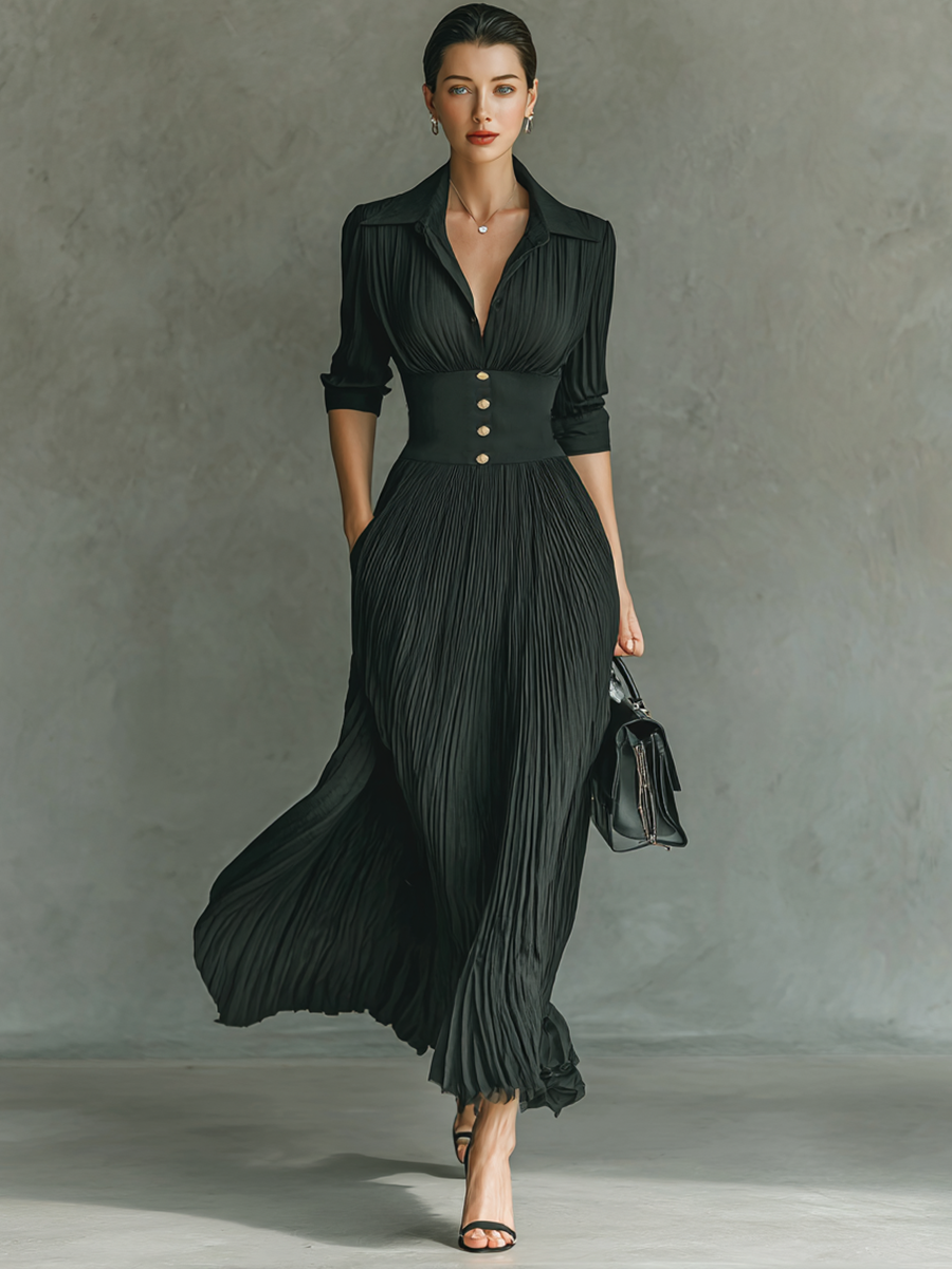 Vestido maxi feminino de cor sólida, com gola lapela, cintura plissada e mangas longas