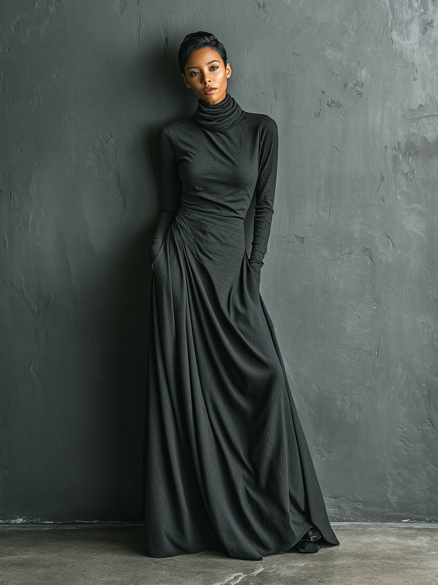 Vestido largo drapeado elegante de cuello alto para mujer, en color gris carbón, de mezcla elástica de poliéster y algodón