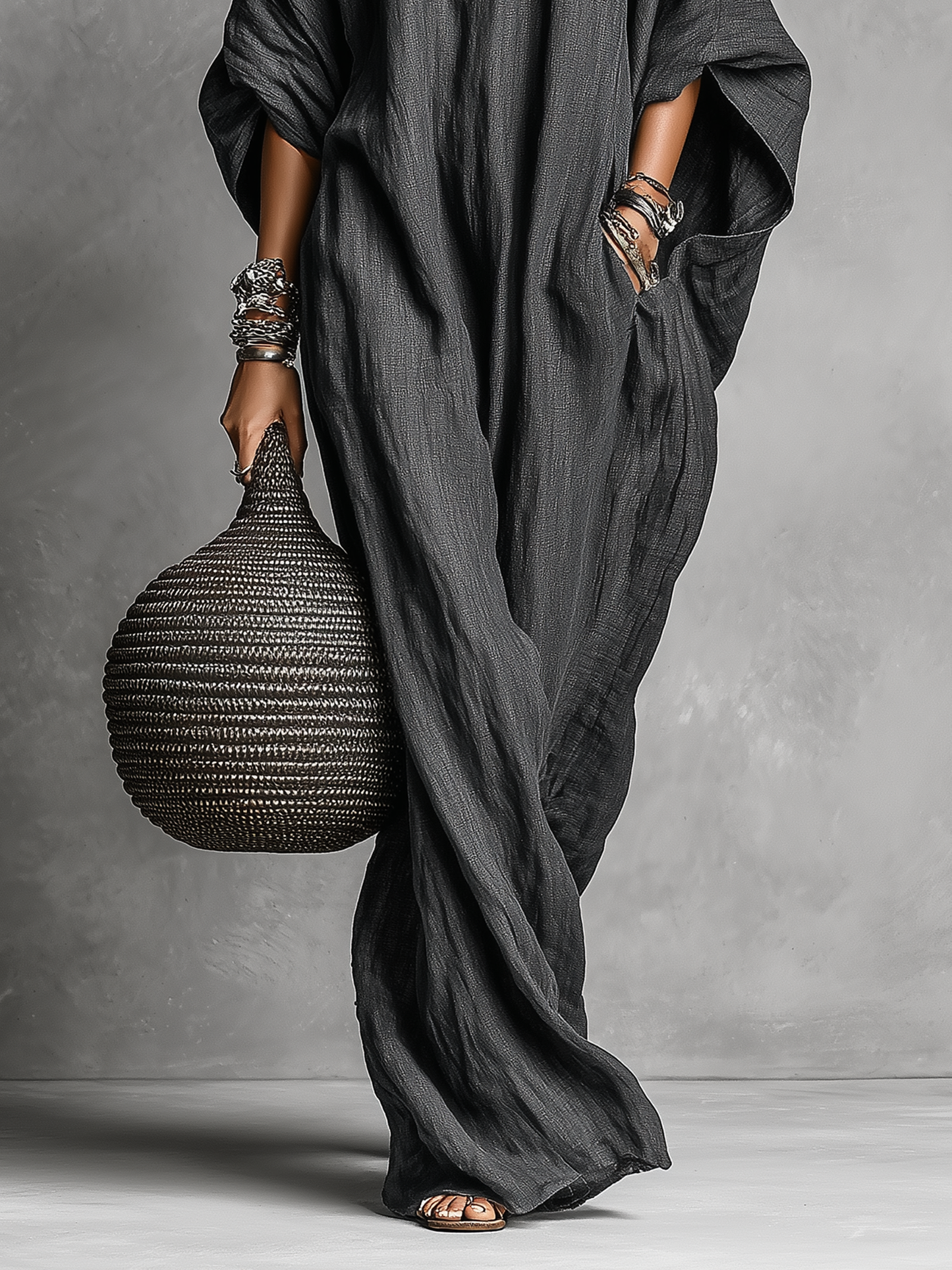Women's Loose Cotton And Linen Batwing Sleeve Maxi Dress
