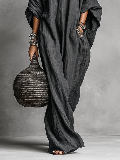 Women's Loose Cotton And Linen Batwing Sleeve Maxi Dress