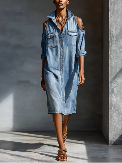 Vestido camisero de mezclilla azul claro para mujer, con hombros descubiertos y bolsillos en el pecho